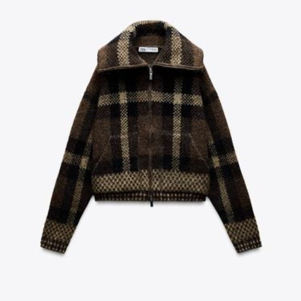 Zara Plaid Knit Bomber Jacket
